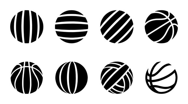 Minimalist sports ball icons set, black silhouette basketball and volleyball vector elements, 8 athletic sphere symbols for graphic design