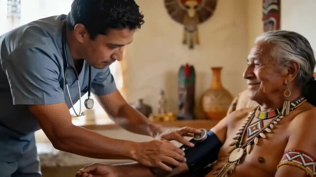 Entering clinician blue scrubs leaning over Native man in regalia at home measuring BP with cuff