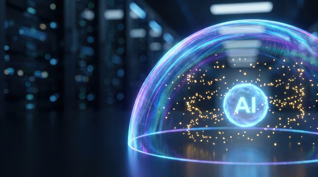 Ai ethics data privacy concept cybersecurity digital network encryption protection futuristic server room scene with glowing ai sphere, ethics focus, secure data privacy concept, neon light