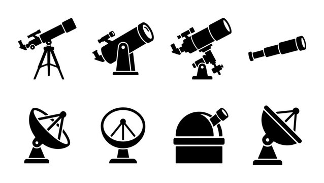 Astronomy telescope and satellite dish icons, 8 black vector silhouettes of observatory equipment, space exploration and science research tools