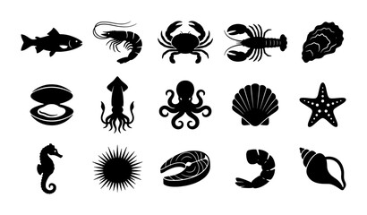 Seafood silhouette icons set, 15 black vector sea animal symbols, marine life and edible shellfish collection for restaurant menu design © Fatema