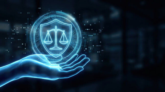 Ai ethics data privacy concept law justice security shield hand futuristic scene with ai ethics concept about data privacy and law as glowing justice scale inside digital shield hovering above