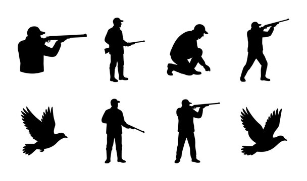 Hunting silhouette vector set, hunters with rifles and flying birds collection, black hunter figures and shotgun icons for outdoor sport design