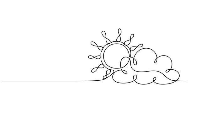 Sun with cloud continuous one line drawn animated video. Sky linear symbol animation, Self drawing line animation sun behind the cloud continuous one single line drawn concept video, sunny weather pro