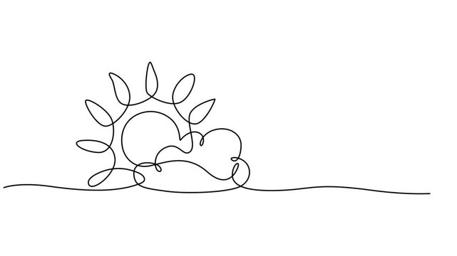 Sun with cloud continuous one line drawn animated video. Sky linear symbol animation, Self drawing line animation sun behind the cloud continuous one single line drawn concept video, sunny weather pro