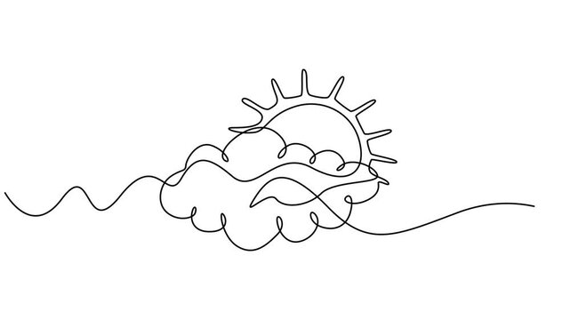 Sun with cloud continuous one line drawn animated video. Sky linear symbol animation, Self drawing line animation sun behind the cloud continuous one single line drawn concept video, sunny weather pro