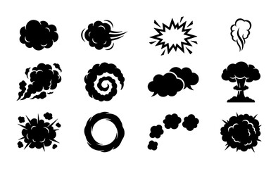 Comic smoke clouds and explosion effects set, 12 black silhouette steam and blast icons, cartoon puff of smoke and fire burst vector elements © Fatema