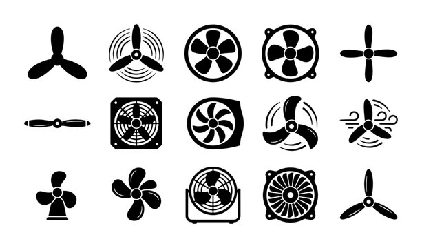 Industrial fan and propeller icon set, 15 black vector cooling ventilation symbols, electric blower and airplane turbine blade silhouettes