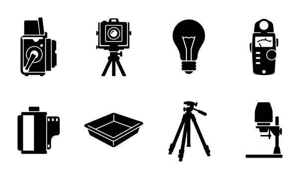 Vintage photography equipment icons set, retro analog camera and darkroom tools, 8 black silhouette vector illustrations for studio and film lab