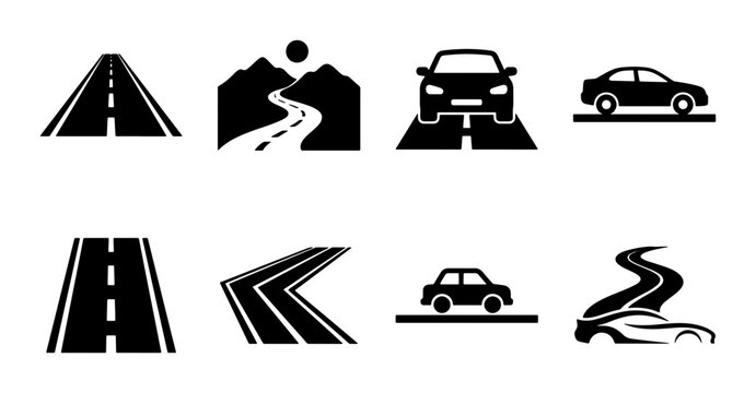 Road and car icons set, black highway and mountain path symbols, 8 transportation vector elements, automotive traffic and travel navigation signs