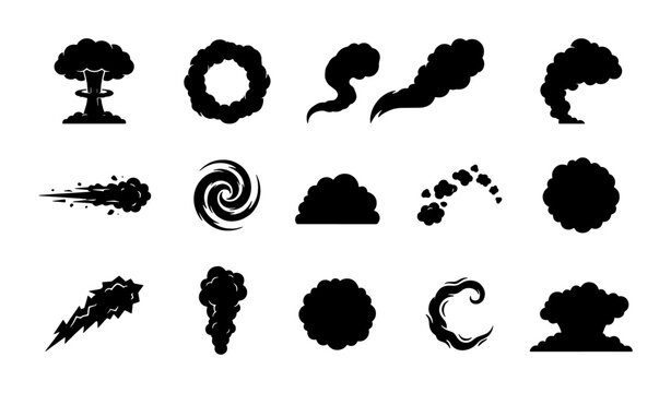 Black smoke silhouette icons, 15 comic explosion and fire cloud vector elements, flat cartoon steam and dust blast shapes for game design
