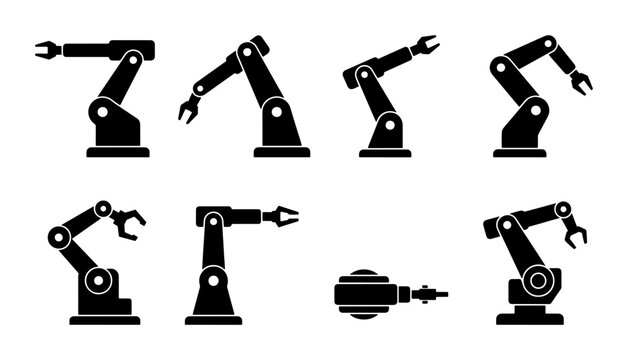 Industrial robotic arm icons set, black mechanical manipulator silhouettes for factory automation, 8 robotic hand vector elements for manufacturing