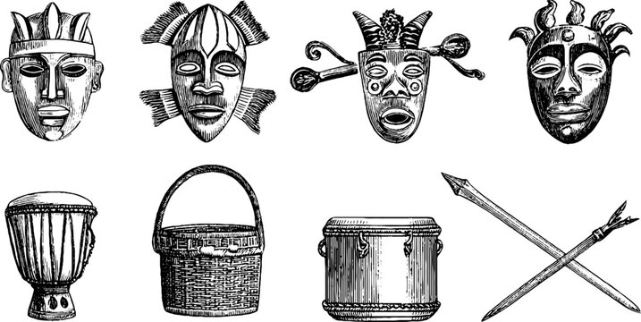Engraved african tribal masks and woven basket clipart sheet with drum and spears for cultural background and banner design