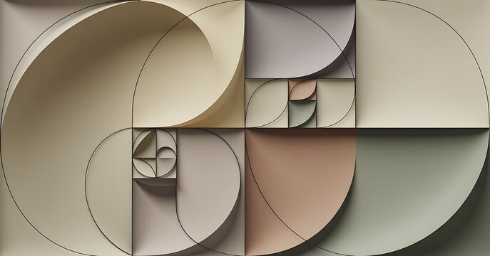 Golden ratio spiral diagram with geometric squares and circles in a modern abstract style