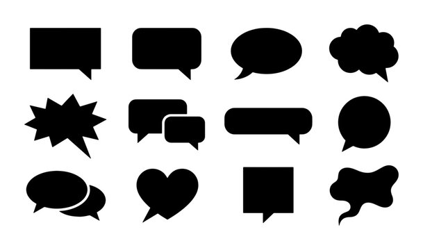 Black speech bubble silhouettes, 12 comic chat cloud icons, minimalist talk balloon vector set for communication and social media interface design