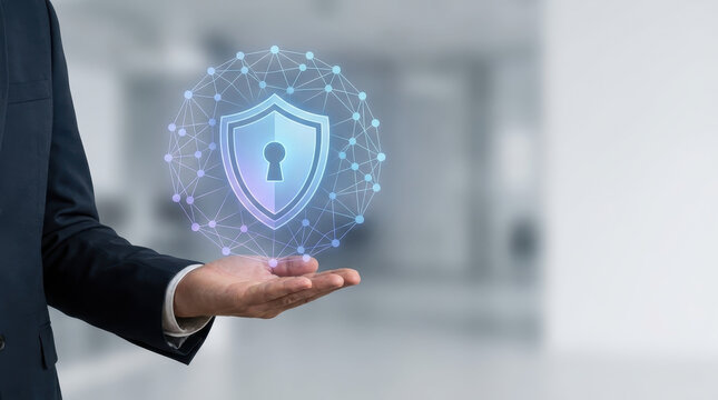 Cybersecurity data privacy ai ethics concept shield network protection secure hand presenting digital shield icon modern office background cyber security concept about ai ethics data privacy with