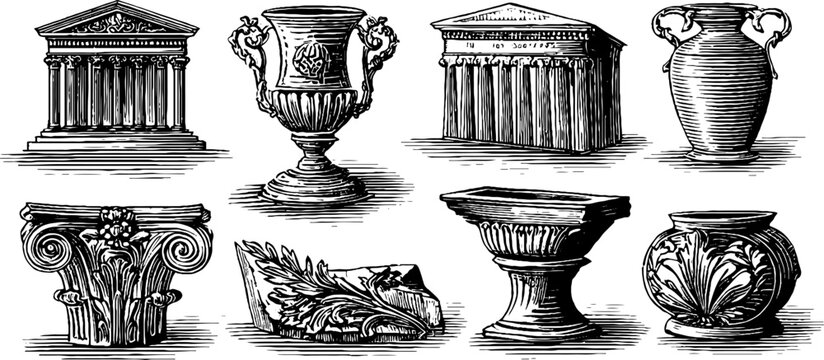 Vintage engraved architectural pediments urns and classical capitals clipart sheet for decorative border design background and ornamental element use
