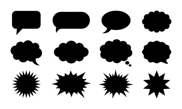 Black speech bubble silhouette set, comic book thought clouds and chat icons, 12 vector communication elements for social media and dialogue