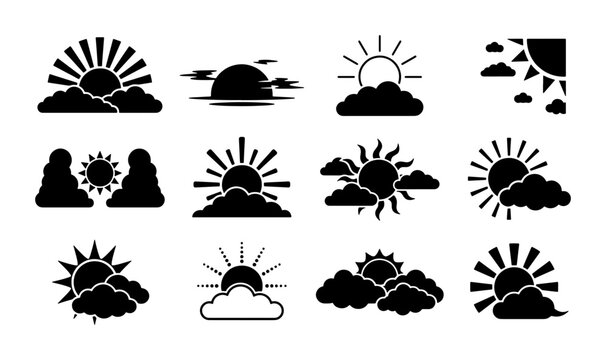 Minimalist sun and clouds icon set, black silhouette weather symbols collection, 12 vector sunrise and sunset graphics for interface design