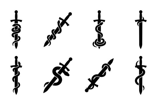Medieval sword and snake icons, set of 8 black vector silhouettes, mystical serpent dagger emblems, fantasy weapon and reptile logos for gaming