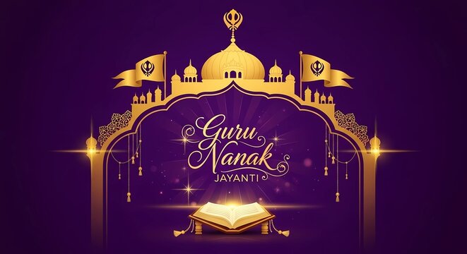 Guru Nanak Jayanti Greeting with Golden Gurdwara and Guru Granth Sahib