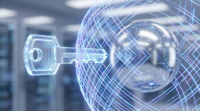 Cybersecurity data privacy encryption key lock ai ethics concept cyber shield with glowing key and digital sphere showing encrypted data privacy ai ethics concept for network protection and secure