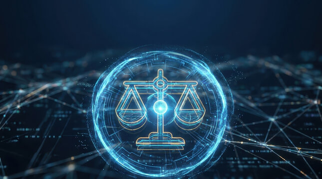 Legal justice scale ai data privacy concept ethics technology security futuristic legal justice scale with ai ethics data privacy concept for digital governance cyber security and transparent