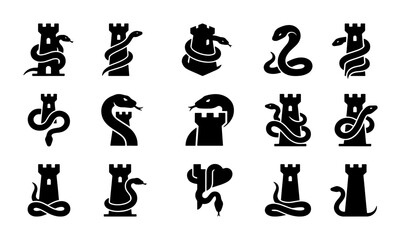 Medieval castle tower and snake logo set, 15 black vector icons of serpents coiled around fortress turrets, heraldic rook and viper symbols © Habibur