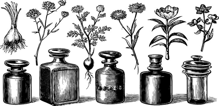 Vintage engraved botanical apothecary bottles and herb specimen sheet for label design packaging and museum style backgrounds