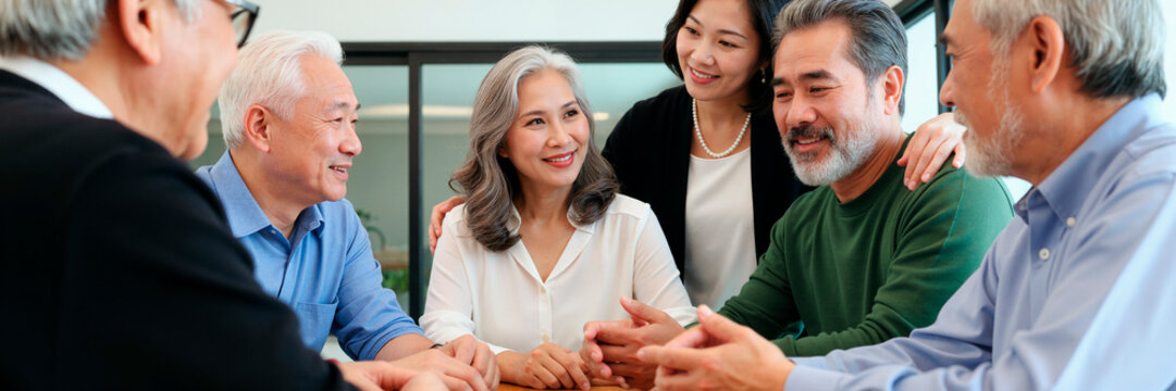 Asian senior business team discussing strategy during meeting, collaborating across generations in office. Useful for leadership, mentoring, teamwork, corporate communication campaigns