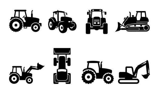 Agricultural tractor icons set, heavy machinery silhouettes for farming and construction, 8 black vector elements of industrial equipment
