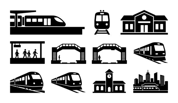 Train station icon set, railway transportation silhouettes, subway and metro terminal vector elements, public transit infrastructure graphics