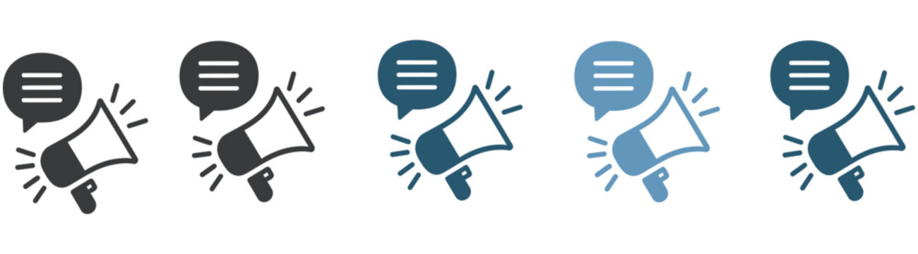 Announce icon set, multi style icon collection, megaphone and notification symbols, announcement and broadcast icons, clean vector design elements for mobile apps, websites, and communication systems.