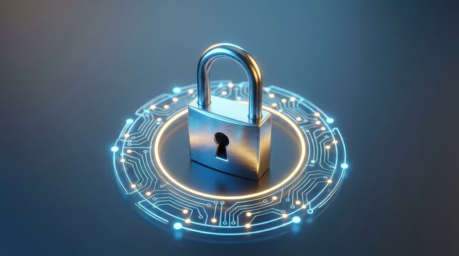 Privacy data security padlock cybersecurity ai ethics concept Digital padlock over glowing circuit ring for privacy data security cybersecurity with ai ethics concept focused encryption