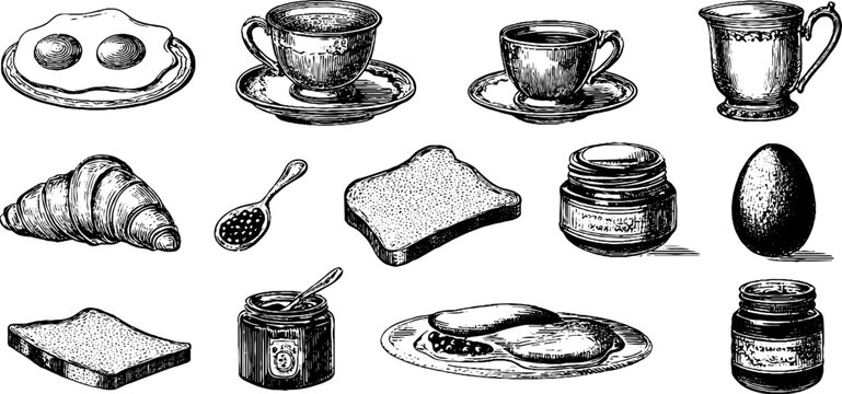 Vintage engraved breakfast food and drink icons clipart sheet with croissant eggs jars and cups for menu and cafe design