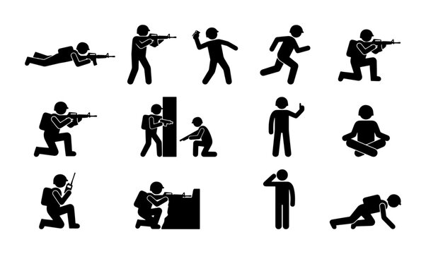 Military soldier stick figure icons set, army infantry combat poses vector, tactical warfare battle silhouettes, 12 black pictograms for gaming and training