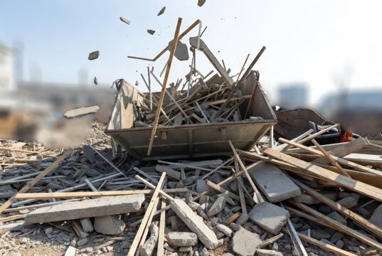Demolition debris in skip bin with flying concrete and wood fragments against sky