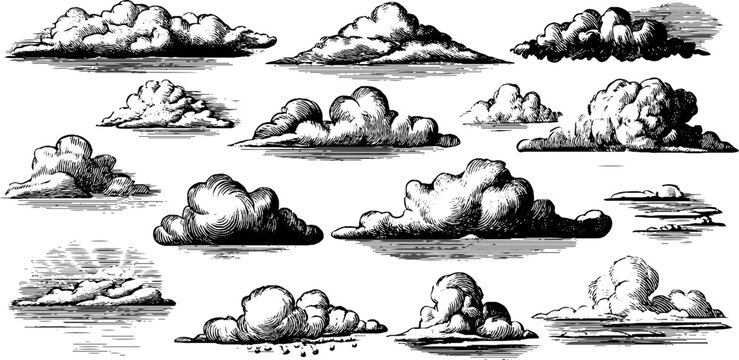 Vintage engraved cumulus cloud sheet with multiple cloud shapes and textures for weather background and poster design