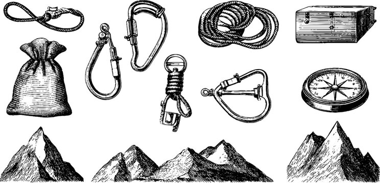 Vintage engraved climbing rope carabiner and mountain gear sheet with compass and sack elements for outdoor poster and background design