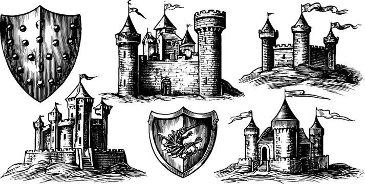 Vintage engraved shields and castles clipart with heraldic crest for medieval emblem set and decorative design elements for banners and labels