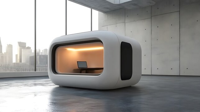 Modern soundproof office pod for private work in a bright contemporary open plan corporate office space with city view