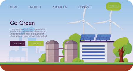 Go green landing page vector flat design, sustainable smart green factory building with wind turbines and solar panels © sabelskaya