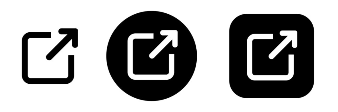 External link icon set in button style with arrow out symbol. Open link and redirect icons for app and web interface, navigation, share and outbound link actions