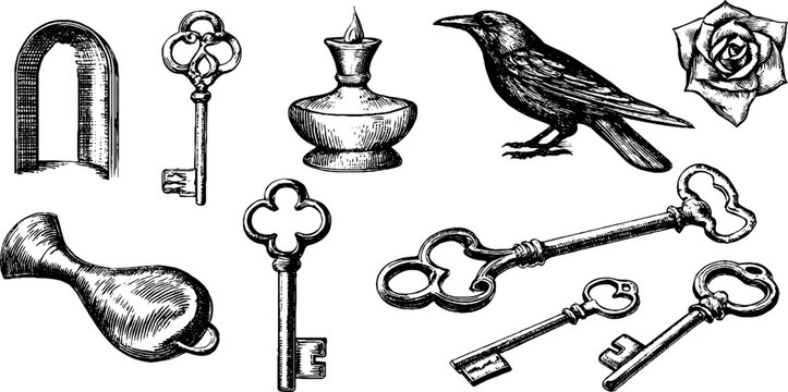 Vintage engraved gothic clipart sheet with keys raven rose and bottle for dark decorative design and craft use