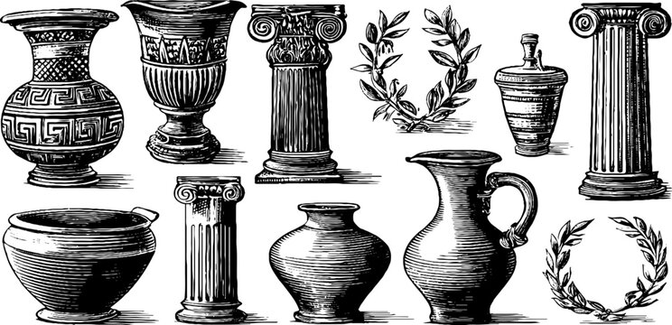 Vintage engraved greek meander clipart sheet with vases columns laurel wreaths and urns for classical pattern design and decorative use