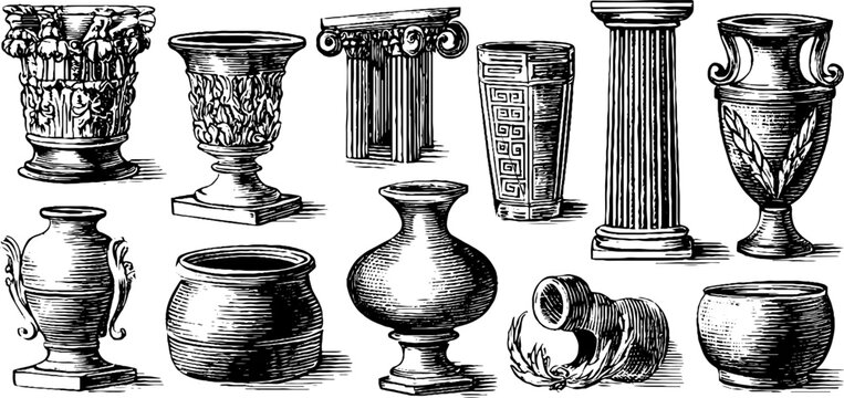 Vintage engraved greek meander clipart sheet with ornate urns vases columns and amphorae for classical decor and print design projects