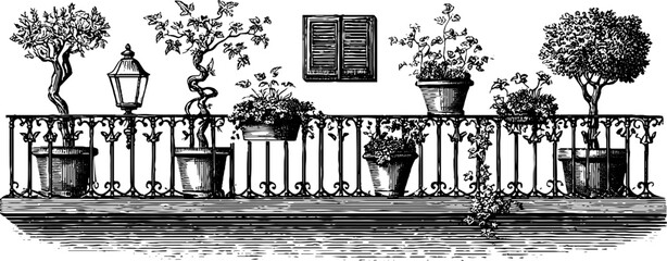 Obraz premium Vintage engraved balcony railing with potted trees shutters and lantern for background and architectural design use