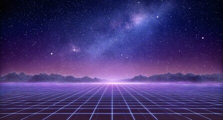 Fototapeta premium Retro synthwave landscape with glowing neon grid and starry sky, futuristic mountain range and vibrant colors, digital 80s aesthetic background