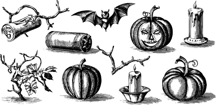 Vintage engraved halloween pumpkin and candle clipart sheet with bats, branches and assorted gourds for halloween design and printable banner