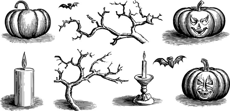 Vintage engraved halloween pumpkin and candle clipart sheet with carved faces, bare branches and bats for halloween design and poster